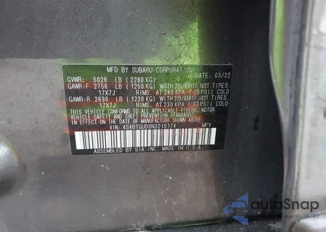 2022 Subaru Outback Wilderness from USA, damaged, VIN 4S4BTGUD0N3215174